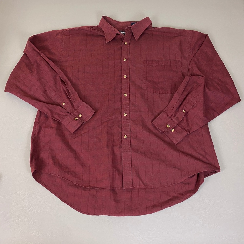 Puritan Button Up Shirt Men's 2XL Burgundy Windowpane Wrinkle Resistant *Flaw*